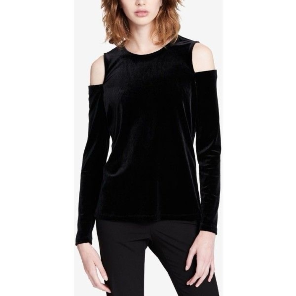Calvin Klein Black Velvet Cold Shoulder Top Size L Long Sleeve Zip Back Velvet - Picture 2 of 5